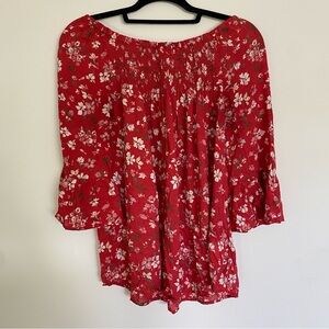 Red Floral Smocked Blouse With Bell Sleeves